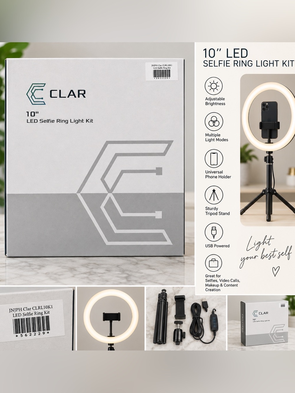 CLAR 10” LED Selfie Ring Light Kit | Content Creator / Makeup Lighting